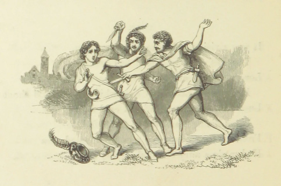 An illustration from The Poetical Works of John Keats. With a memoir by Richard Monckton Milnes. Illustrated by 120 designs, original and from the antique, drawn on wood by George Scharf, Jun, 1854, leaf 262