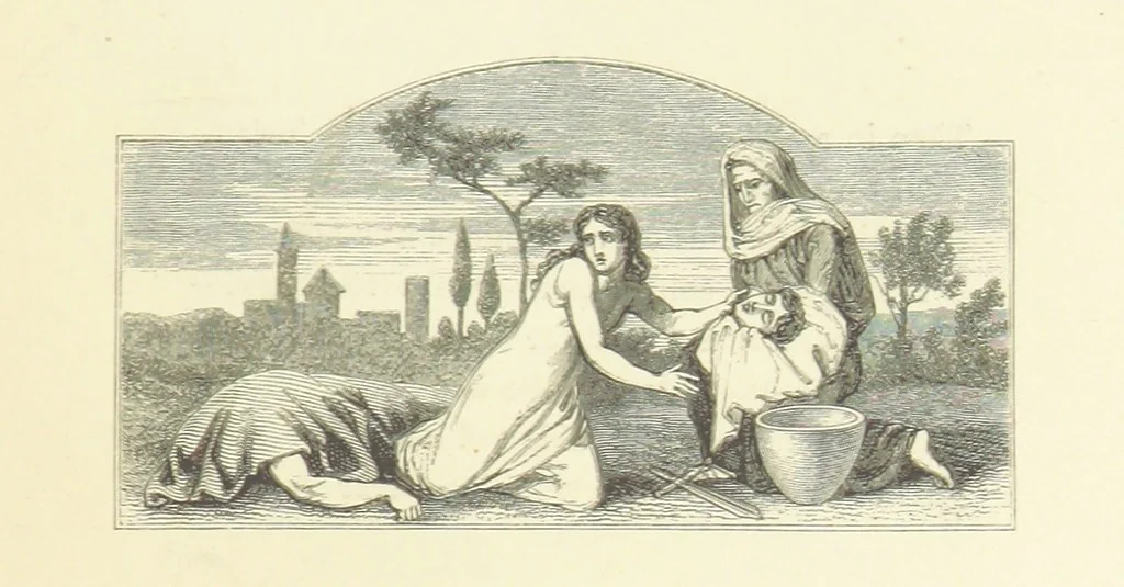 An illustration from The Poetical Works of John Keats. With a memoir by Richard Monckton Milnes. Illustrated by 120 designs, original and from the antique, drawn on wood by George Scharf, Jun, 1854, leaf 267