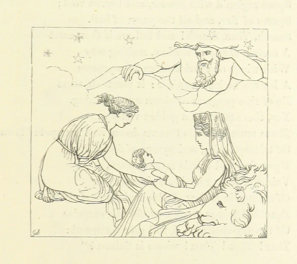 An illustration from The Poetical Works of John Keats. With a memoir by Richard Monckton Milnes. Illustrated by 120 designs, original and from the antique, drawn on wood by George Scharf, Jun, 1854, leaf 299