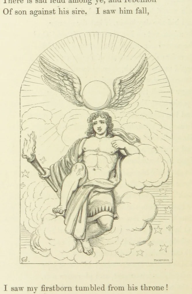 An illustration from The Poetical Works of John Keats. With a memoir by Richard Monckton Milnes. Illustrated by 120 designs, original and from the antique, drawn on wood by George Scharf, Jun, 1854, leaf 308