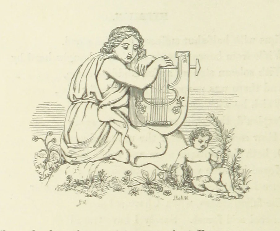 An illustration from The Poetical Works of John Keats. With a memoir by Richard Monckton Milnes. Illustrated by 120 designs, original and from the antique, drawn on wood by George Scharf, Jun, 1854, leaf 330
