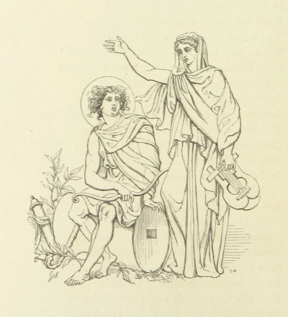 An illustration from The Poetical Works of John Keats. With a memoir by Richard Monckton Milnes. Illustrated by 120 designs, original and from the antique, drawn on wood by George Scharf, Jun, 1854, leaf 332