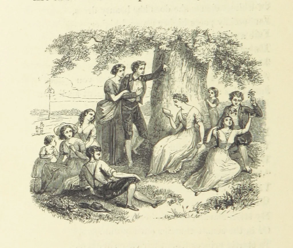 An illustration from The Poetical Works of John Keats. With a memoir by Richard Monckton Milnes. Illustrated by 120 designs, original and from the antique, drawn on wood by George Scharf, Jun, 1854, leaf 416
