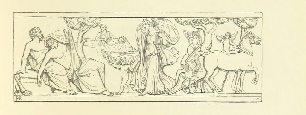 An illustration from The Poetical Works of John Keats. With a memoir by Richard Monckton Milnes. Illustrated by 120 designs, original and from the antique, drawn on wood by George Scharf, Jun, 1854, leaf 65