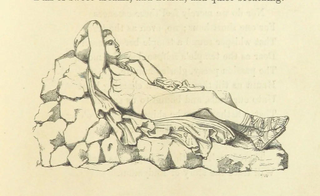 An illustration from The Poetical Works of John Keats. With a memoir by Richard Monckton Milnes. Illustrated by 120 designs, original and from the antique, drawn on wood by George Scharf, Jun, 1854, leaf 67
