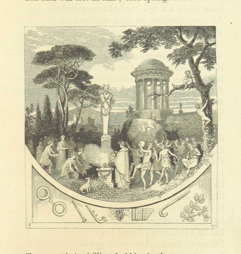 An illustration from The Poetical Works of John Keats. With a memoir by Richard Monckton Milnes. Illustrated by 120 designs, original and from the antique, drawn on wood by George Scharf, Jun, 1854, leaf 71