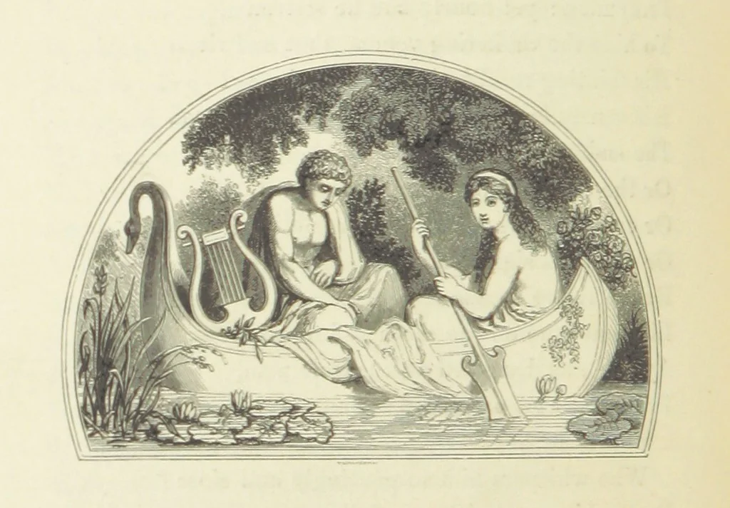 An illustration from The Poetical Works of John Keats. With a memoir by Richard Monckton Milnes. Illustrated by 120 designs, original and from the antique, drawn on wood by George Scharf, Jun, 1854, leaf 82