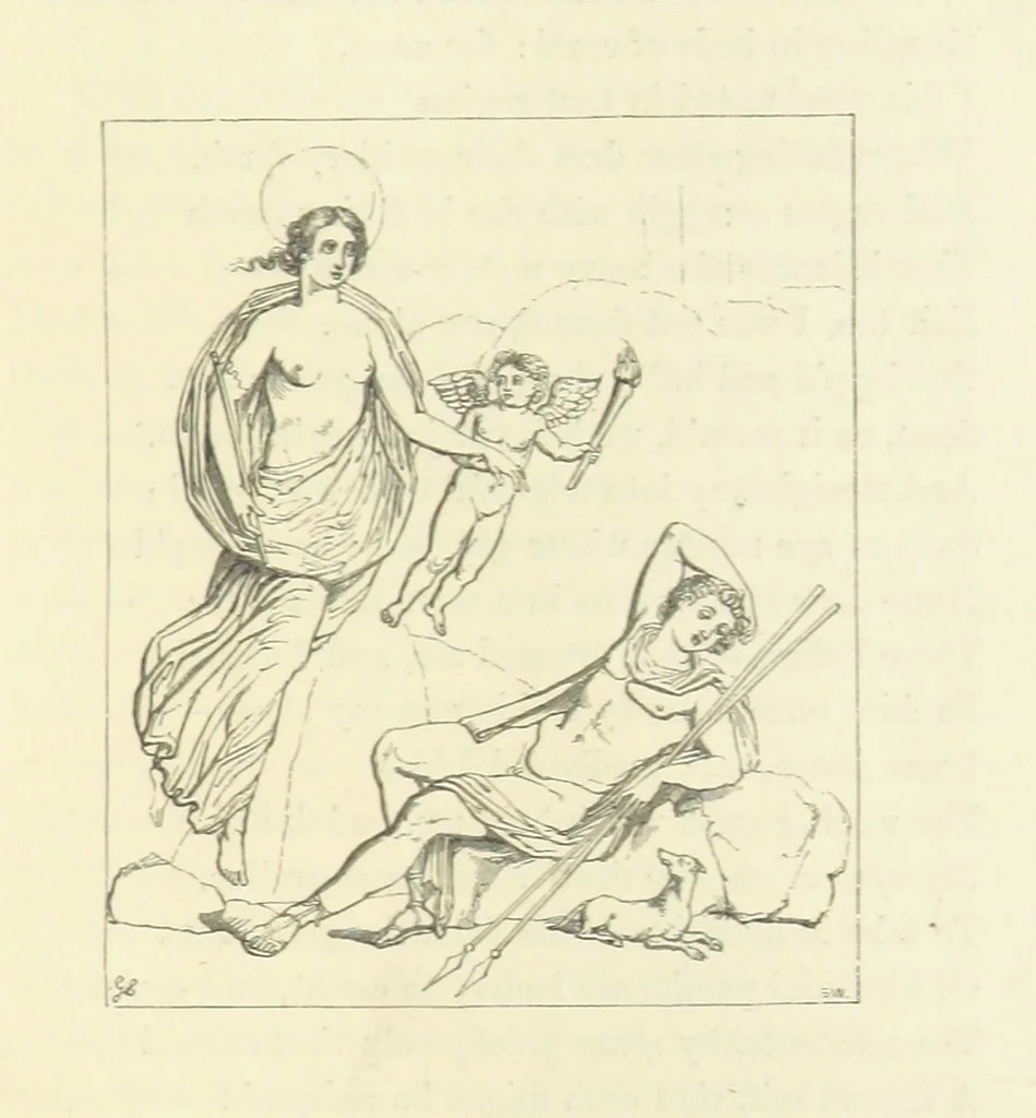 An illustration from The Poetical Works of John Keats. With a memoir by Richard Monckton Milnes. Illustrated by 120 designs, original and from the antique, drawn on wood by George Scharf, Jun, 1854, leaf 89