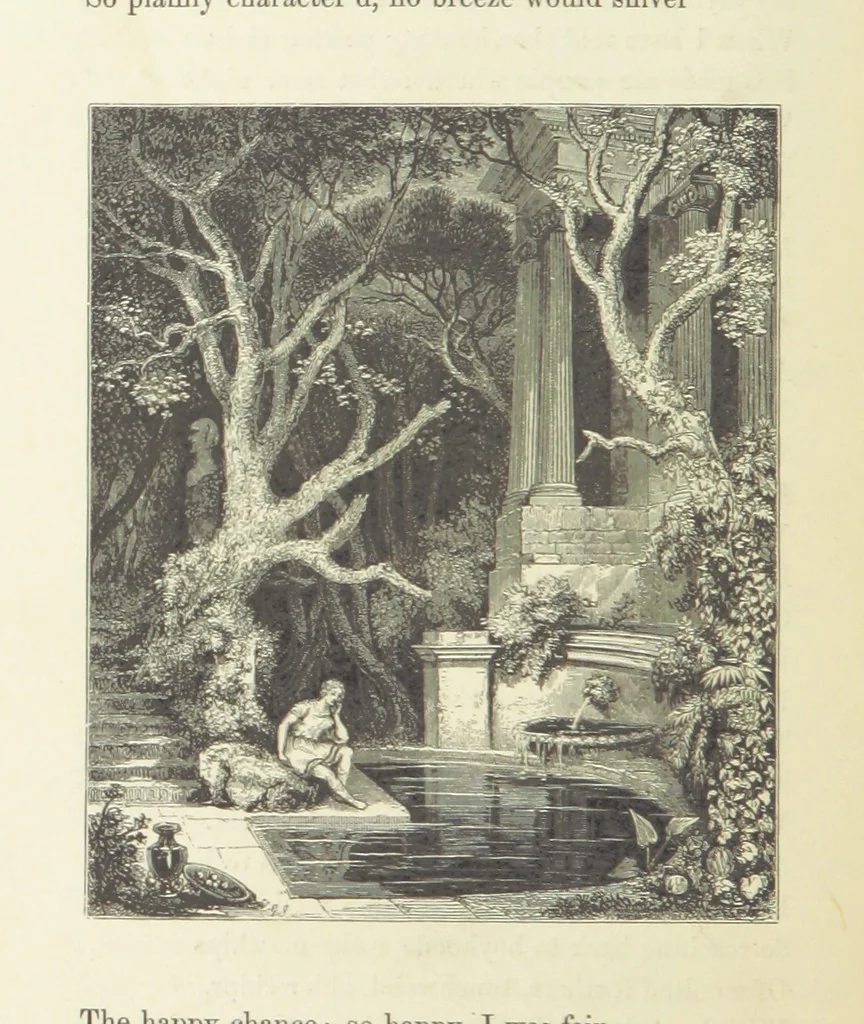An illustration from The Poetical Works of John Keats. With a memoir by Richard Monckton Milnes. Illustrated by 120 designs, original and from the antique, drawn on wood by George Scharf, Jun, 1854, leaf 98