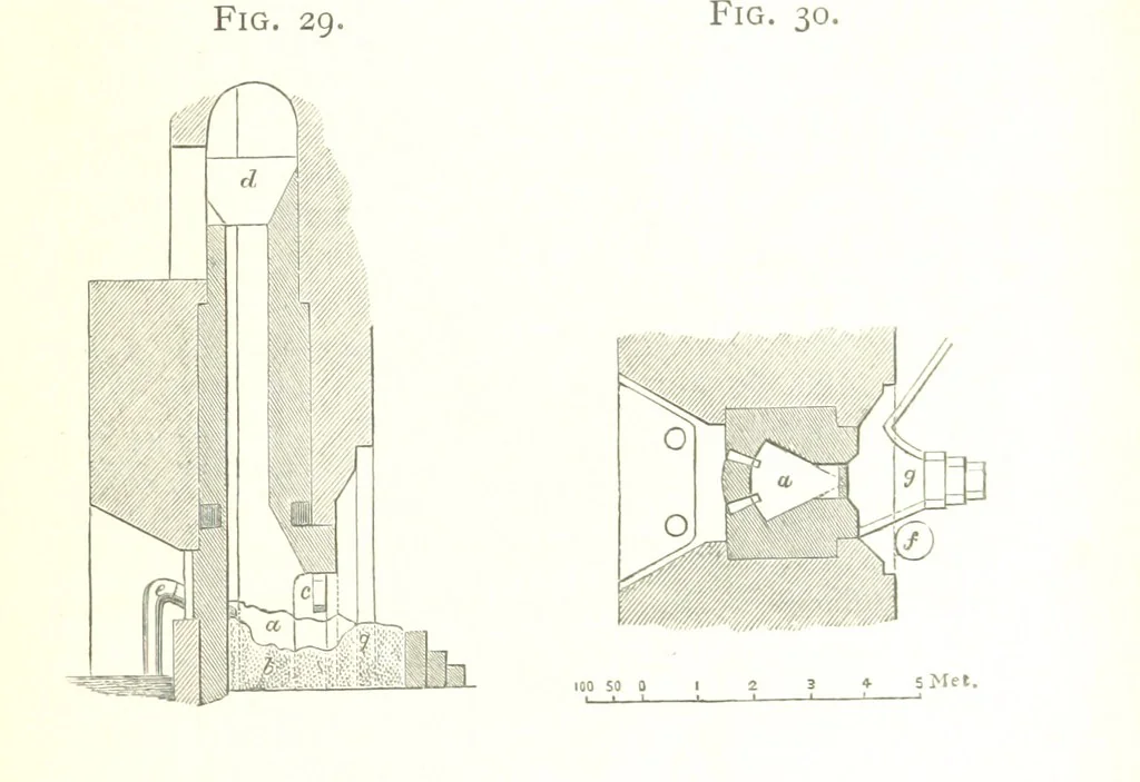 An illustration from A practical Treatise on Metallurgy, adapted from the last German edition of Professor K.'s Metallurgy, by W. Crookes and E. Röhrig ... Illustrated, etc, 1868, leaf 113