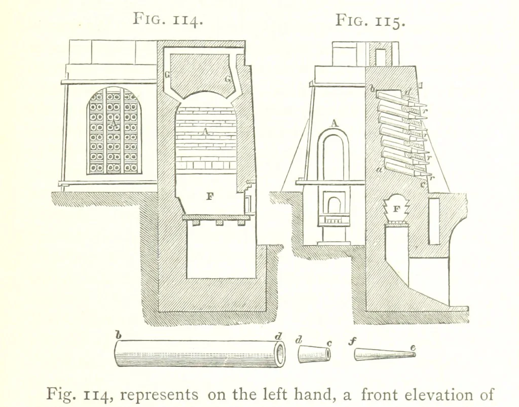 An illustration from A practical Treatise on Metallurgy, adapted from the last German edition of Professor K.'s Metallurgy, by W. Crookes and E. Röhrig ... Illustrated, etc, 1868, leaf 467
