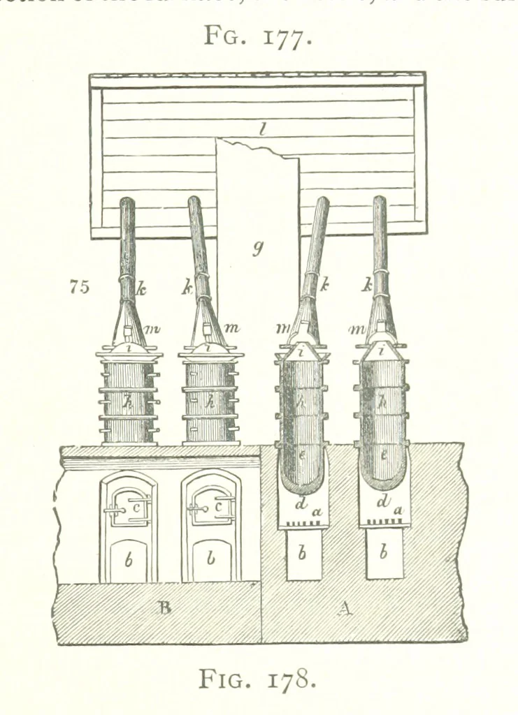 An illustration from A practical Treatise on Metallurgy, adapted from the last German edition of Professor K.'s Metallurgy, by W. Crookes and E. Röhrig ... Illustrated, etc, 1868, leaf 633