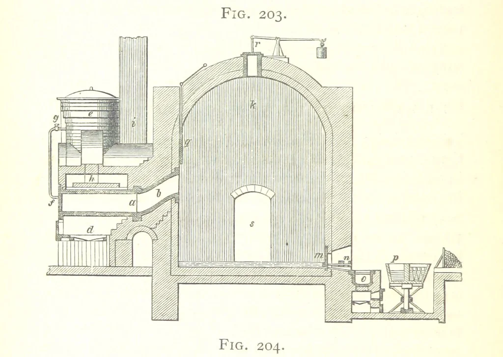 An illustration from A practical Treatise on Metallurgy, adapted from the last German edition of Professor K.'s Metallurgy, by W. Crookes and E. Röhrig ... Illustrated, etc, 1868, leaf 754
