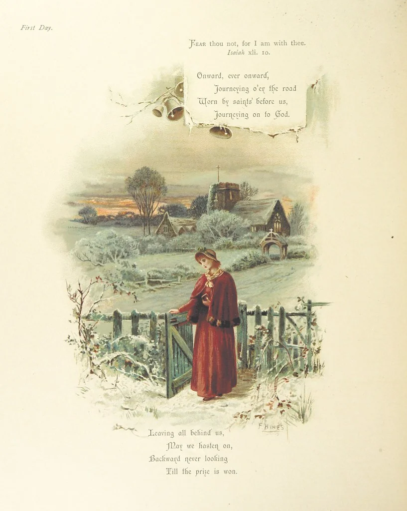 An illustration from The King's Highway, daily texts & hymns for a month. Illustrated by F. Hines, 1890, leaf 10