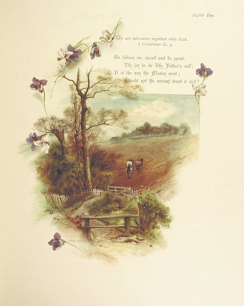 An illustration from The King's Highway, daily texts & hymns for a month. Illustrated by F. Hines, 1890, leaf 19