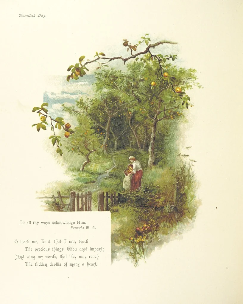 An illustration from The King's Highway, daily texts & hymns for a month. Illustrated by F. Hines, 1890, leaf 32