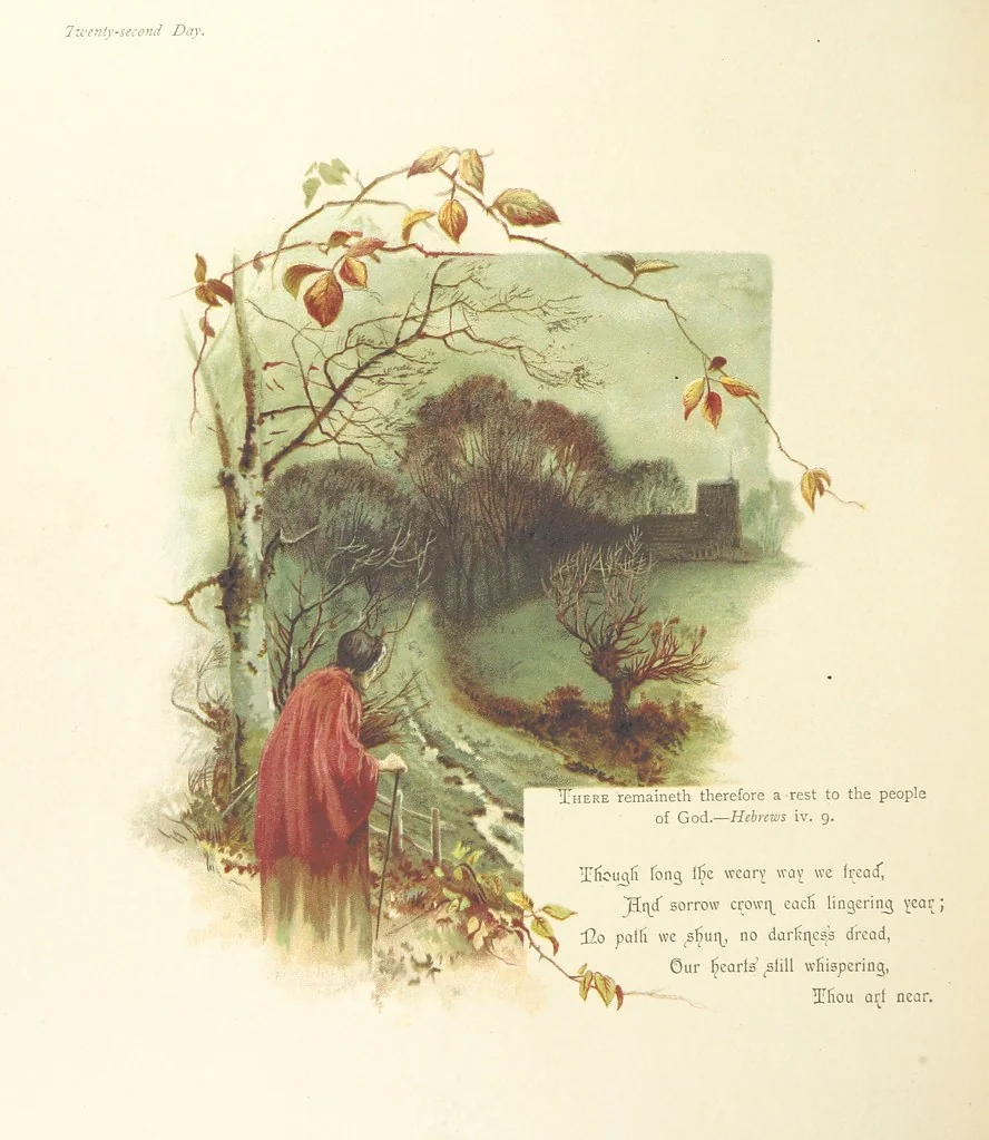 An illustration from The King's Highway, daily texts & hymns for a month. Illustrated by F. Hines, 1890, leaf 34