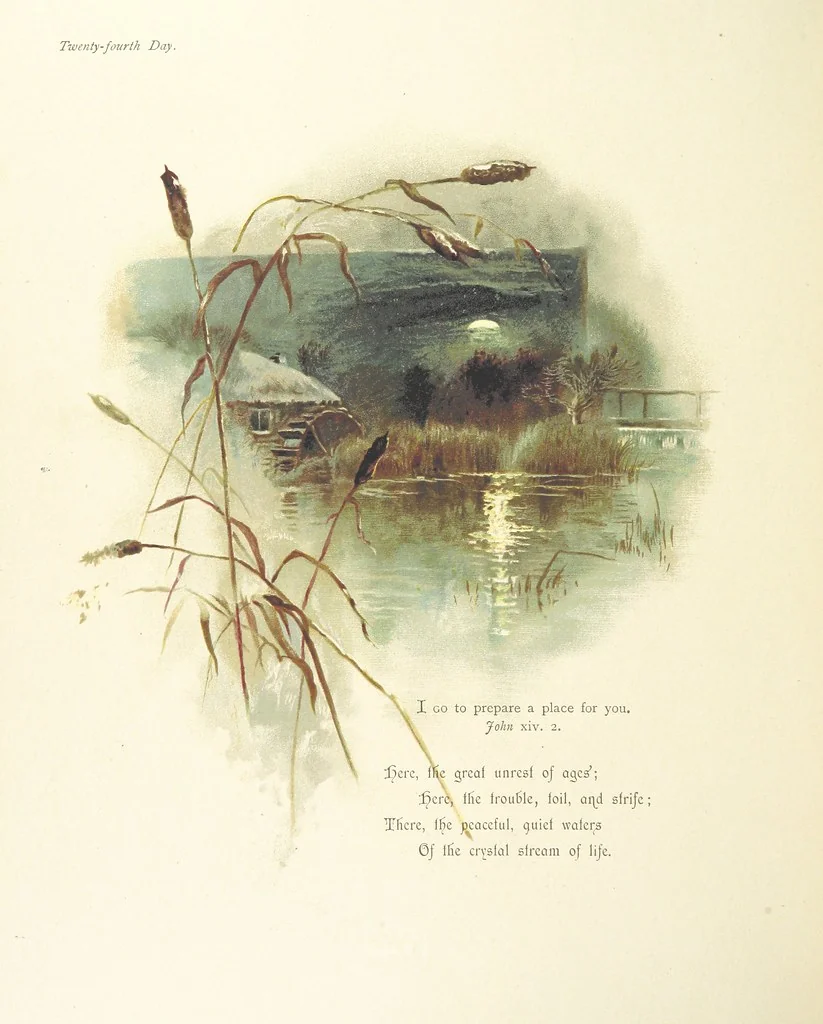 An illustration from The King's Highway, daily texts & hymns for a month. Illustrated by F. Hines, 1890, leaf 36