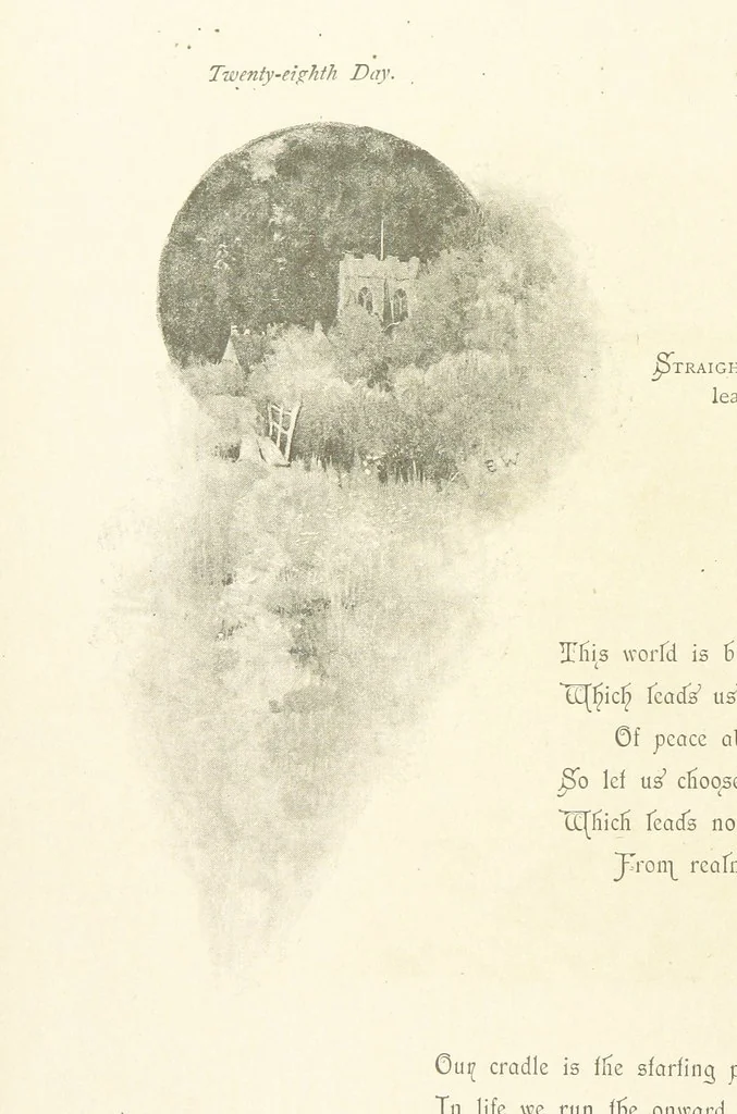 An illustration from The King's Highway, daily texts & hymns for a month. Illustrated by F. Hines, 1890, leaf 40