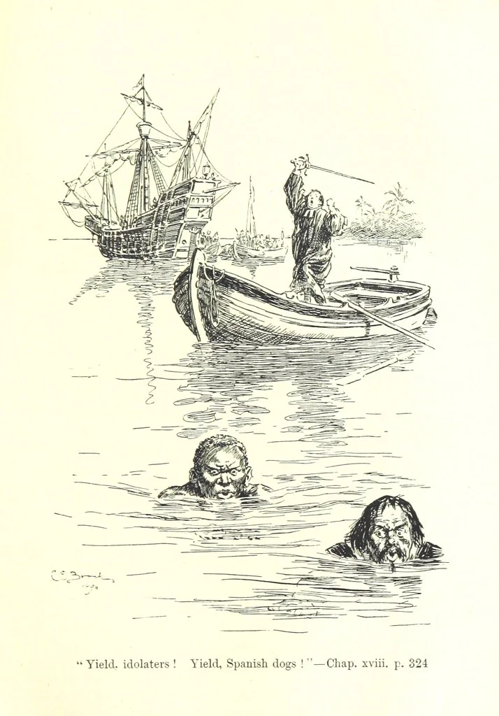 An illustration from Westward Ho! ... With illustrations by C. E. Brock, 1896, leaf 399