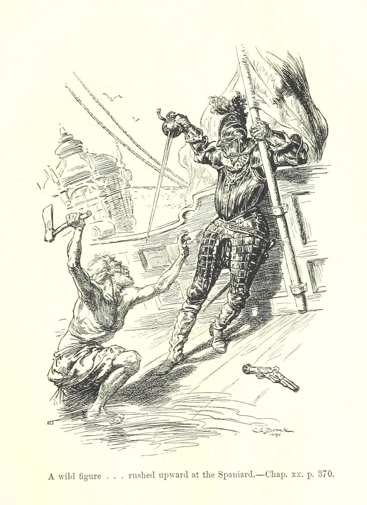 An illustration from Westward Ho! ... With illustrations by C. E. Brock, 1896, leaf 455