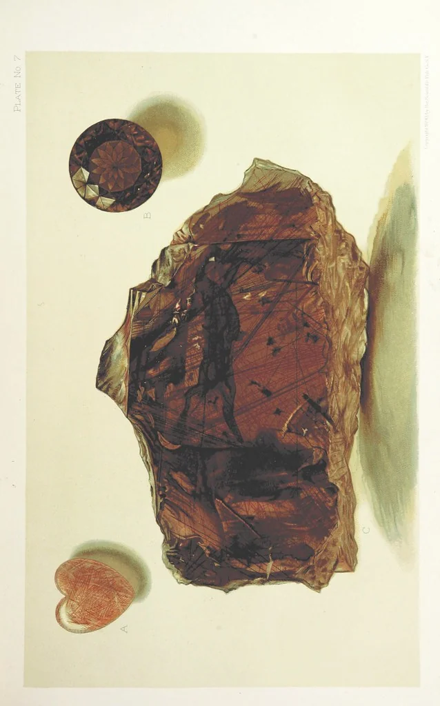 An illustration from Gems and Precious Stones of North America. A popular description of their occurrence, value, history, archæology, and of the collections in which they exist, also a chapter on pearls and on remarkable foreign gems owned in the United States. Illustrated, etc, 1890, leaf 179