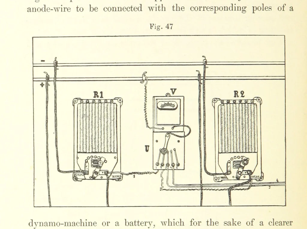 An illustration from A complete Treatise on the Electro-deposition of Metals ... Translated from the German of Dr. G. Langbein ... with additions by William T. Brannt ... Illustrated, etc, 1891, leaf 114