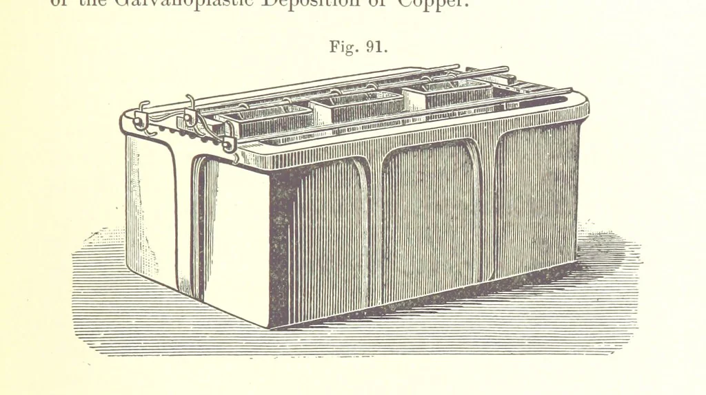An illustration from A complete Treatise on the Electro-deposition of Metals ... Translated from the German of Dr. G. Langbein ... with additions by William T. Brannt ... Illustrated, etc, 1891, leaf 295