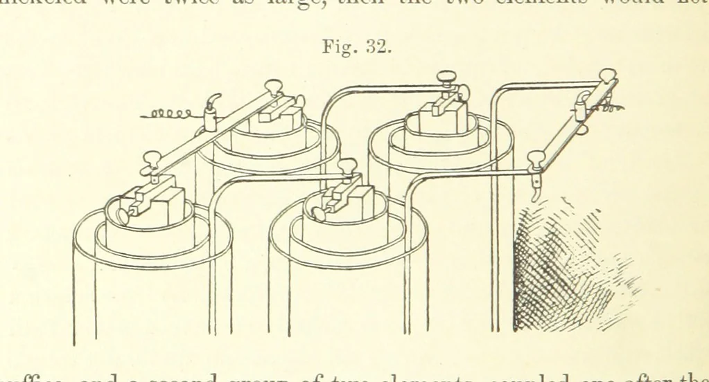 An illustration from A complete Treatise on the Electro-deposition of Metals ... Translated from the German of Dr. G. Langbein ... with additions by William T. Brannt ... Illustrated, etc, 1891, leaf 98