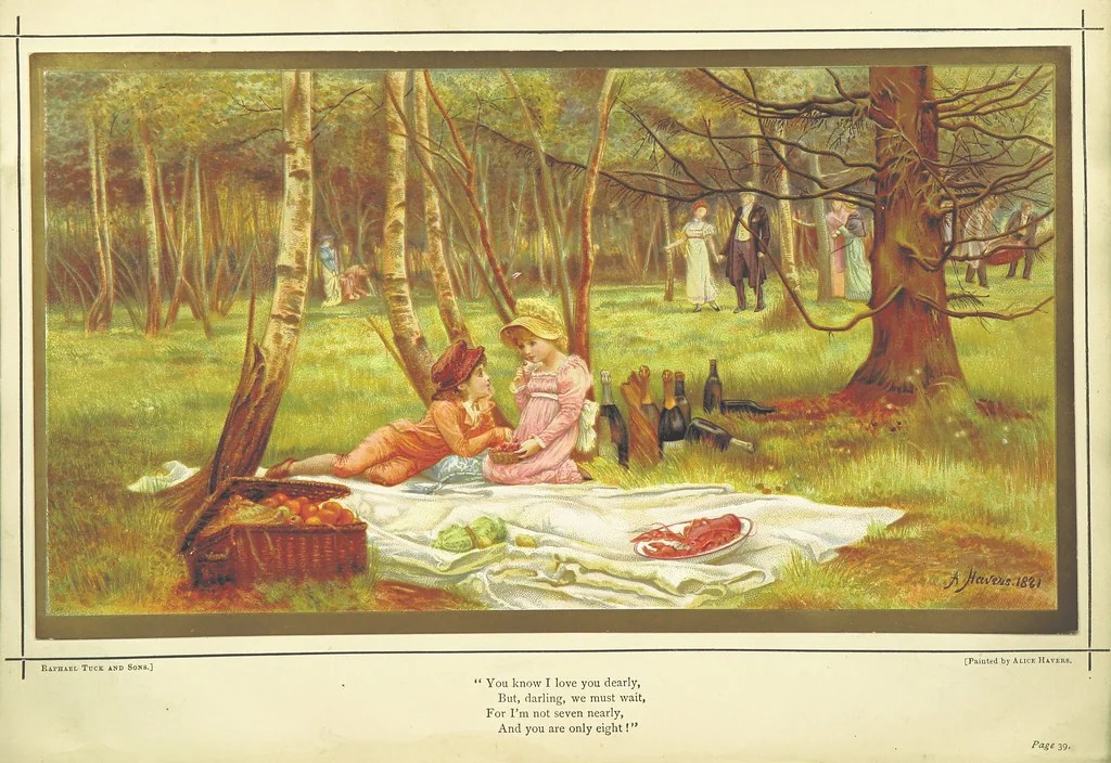 An illustration from Love-Knots and Bridal-Bands: poems and rhymes of wooing and wedding, and valentine verses. Selected ... by F. L. ... With sixteen coloured illustrations by G. D. Leslie, ... W. F. Yeames, etc, 1883, leaf 76