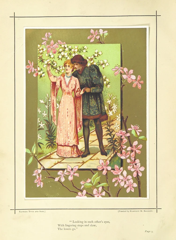 An illustration from Love-Knots and Bridal-Bands: poems and rhymes of wooing and wedding, and valentine verses. Selected ... by F. L. ... With sixteen coloured illustrations by G. D. Leslie, ... W. F. Yeames, etc, 1883, leaf 8