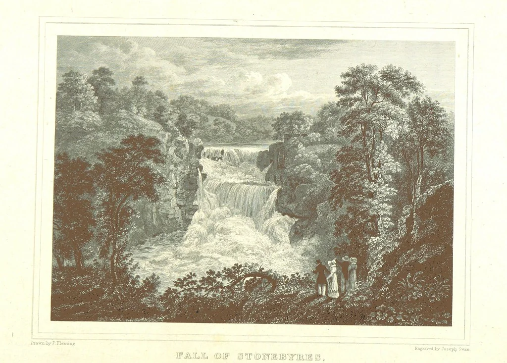 An illustration from Select views on the River Clyde, engraved by J. Swan, from drawings by J. Fleming, with historical and descriptive illustrations by J. M. L, 1830, leaf 56