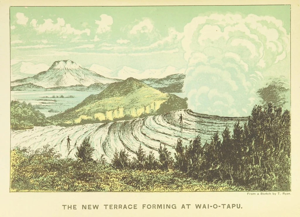 An illustration from A Weird Region. New Zealand lakes, terraces, geysers and volcanoes. [Illustrated, 1887, leaf 95