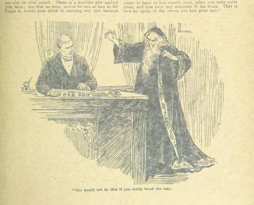 An illustration from Thrilling Life Stories for the Masses, 1892, leaf 295