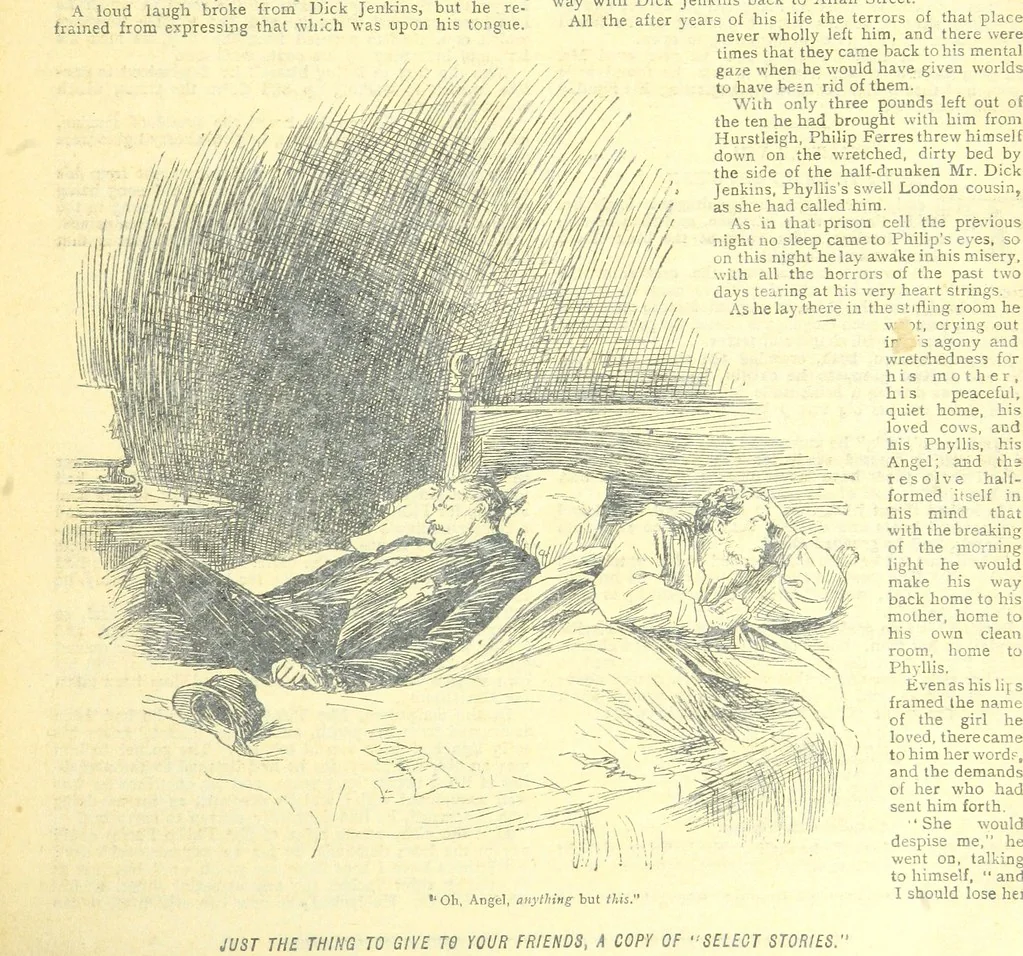 An illustration from Thrilling Life Stories for the Masses, 1892, leaf 139