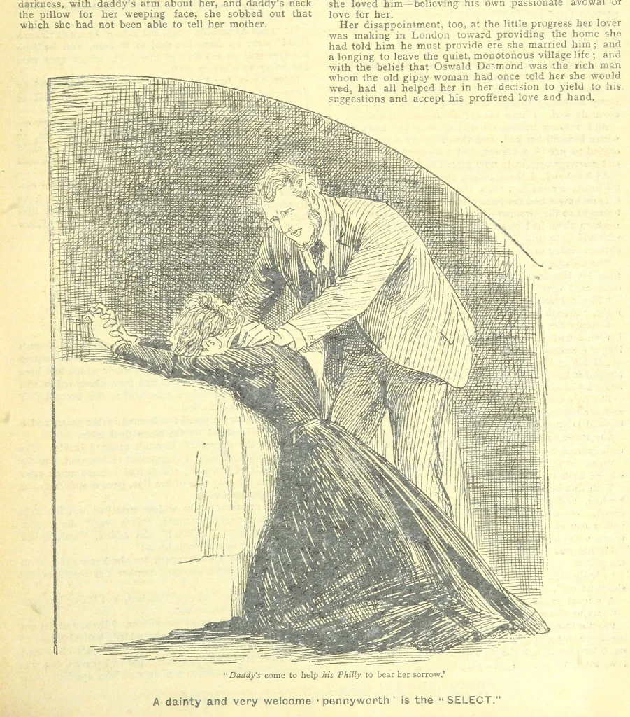 An illustration from Thrilling Life Stories for the Masses, 1892, leaf 195