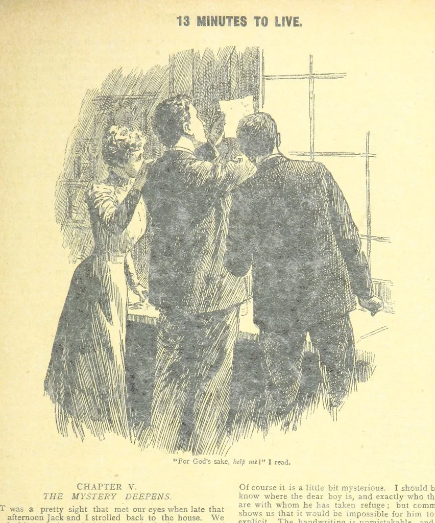 An illustration from Thrilling Life Stories for the Masses, 1892, leaf 415