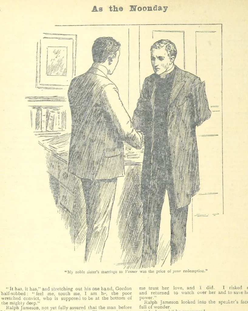 An illustration from Thrilling Life Stories for the Masses, 1892, leaf 116