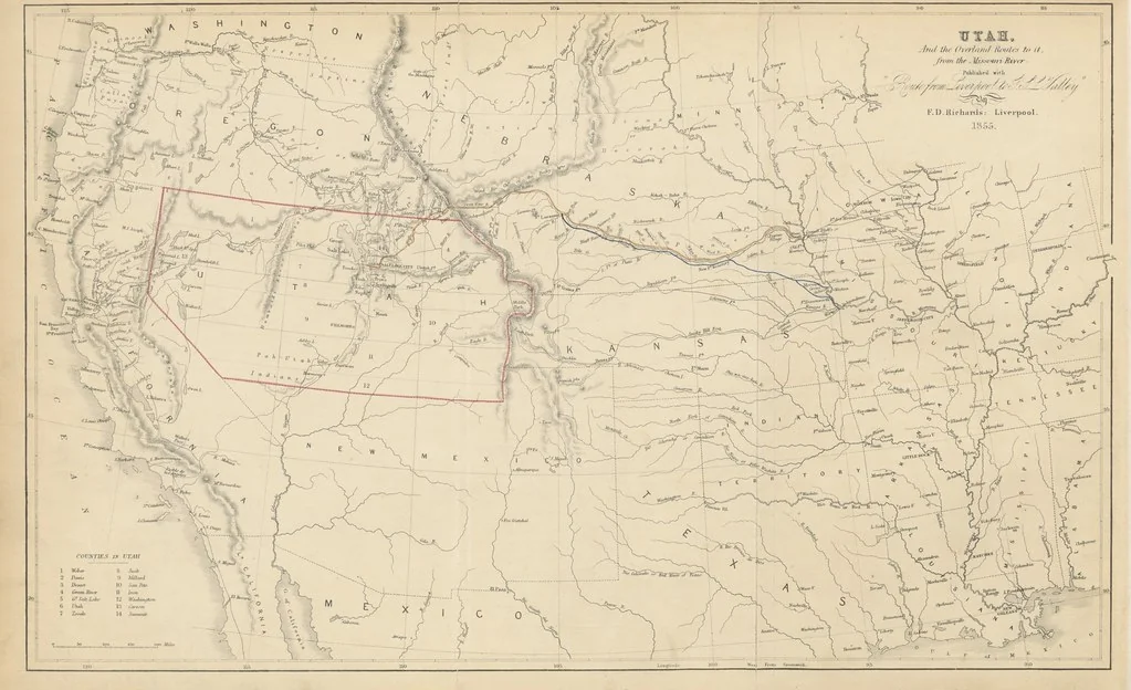 An illustration from Route from Liverpool to Great Salt Lake Valley illustrated ... from sketches ... by Frederick Piercy, and containing a map of the overland portion of the journey. Edited by J. Linforth. [With plates, including portraits, 1855, leaf 14