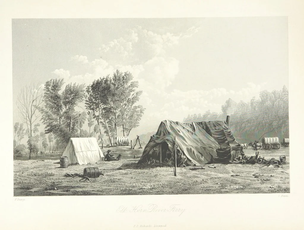 An illustration from Route from Liverpool to Great Salt Lake Valley illustrated ... from sketches ... by Frederick Piercy, and containing a map of the overland portion of the journey. Edited by J. Linforth. [With plates, including portraits, 1855, leaf 185