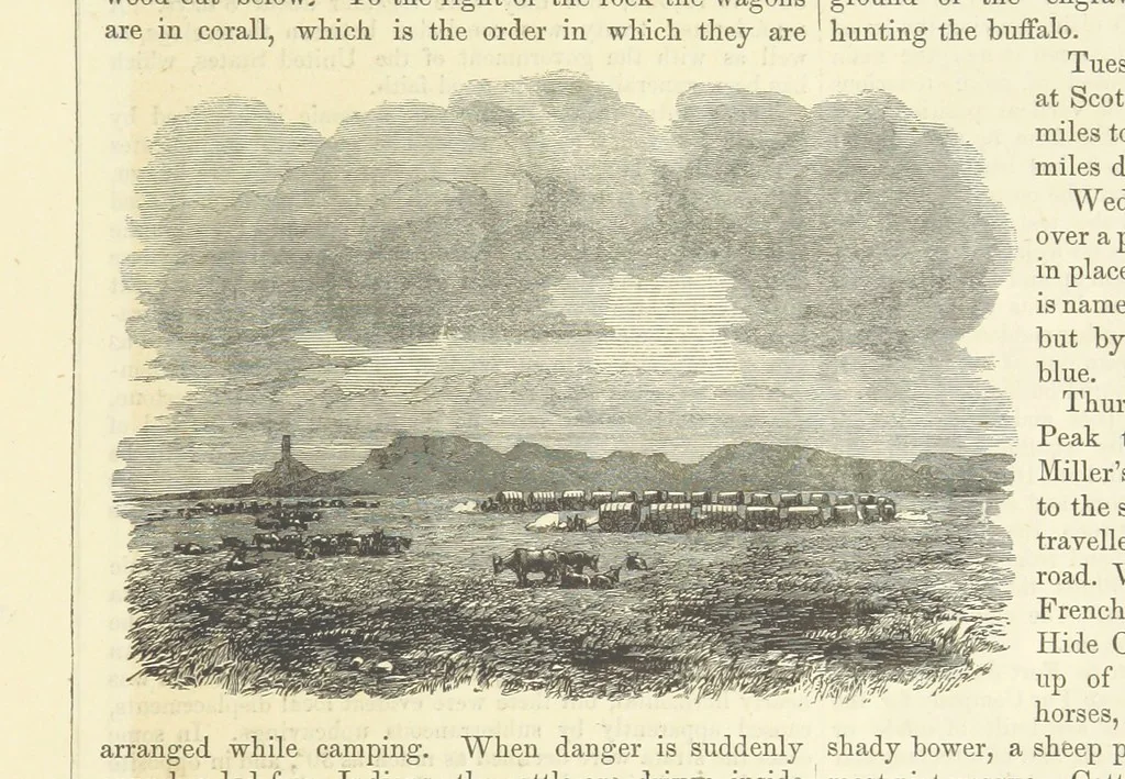 An illustration from Route from Liverpool to Great Salt Lake Valley illustrated ... from sketches ... by Frederick Piercy, and containing a map of the overland portion of the journey. Edited by J. Linforth. [With plates, including portraits, 1855, leaf 199