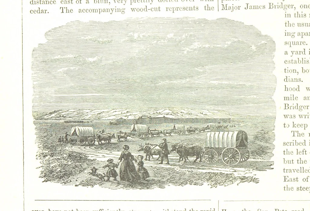 An illustration from Route from Liverpool to Great Salt Lake Valley illustrated ... from sketches ... by Frederick Piercy, and containing a map of the overland portion of the journey. Edited by J. Linforth. [With plates, including portraits, 1855, leaf 216