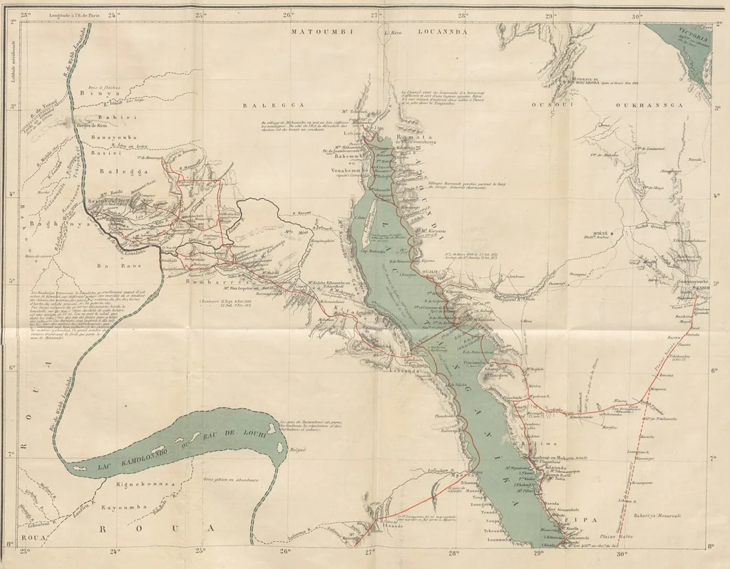 An illustration from Dernier Journal du docteur David Livingstone relatant des explorations et découvertes de 1866 à 1873, suivi du récit de ses derniers moments rédigé d'après le rapport de ... Chouma et Souzi par H. Waller. ... Ouvrage traduit de l'anglais ... par Mme. H. Loreau et contenant 60 gravures et 4 cartes, 1876, leaf 415