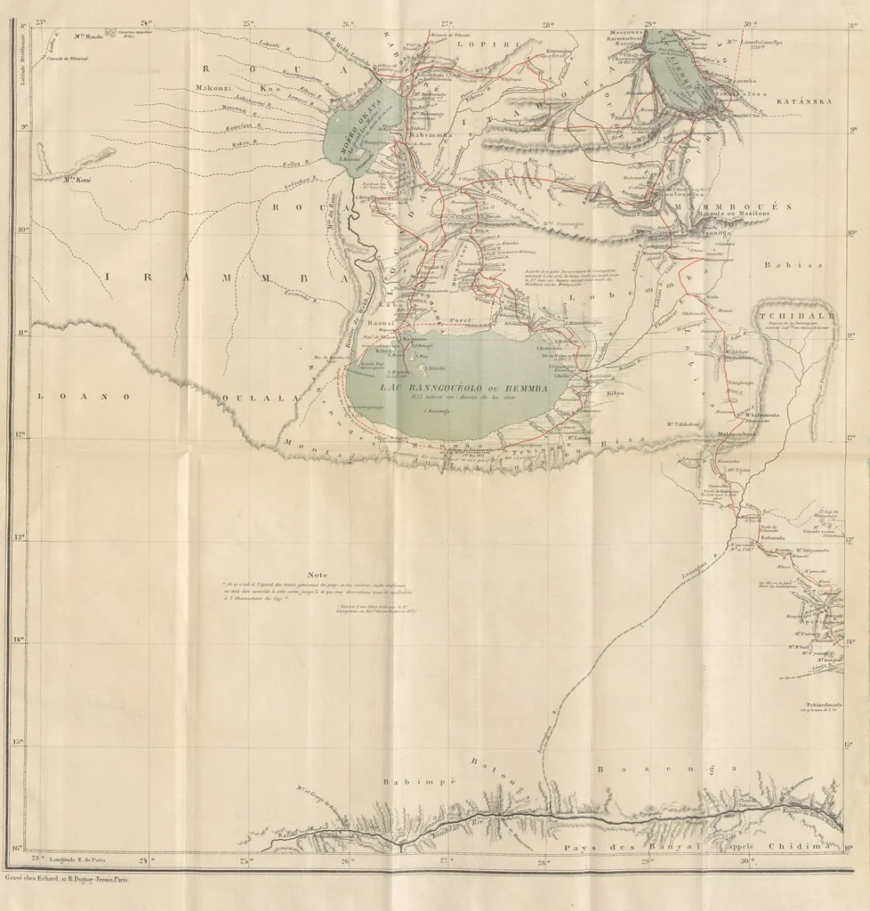 An illustration from Dernier Journal du docteur David Livingstone relatant des explorations et découvertes de 1866 à 1873, suivi du récit de ses derniers moments rédigé d'après le rapport de ... Chouma et Souzi par H. Waller. ... Ouvrage traduit de l'anglais ... par Mme. H. Loreau et contenant 60 gravures et 4 cartes, 1876, leaf 417