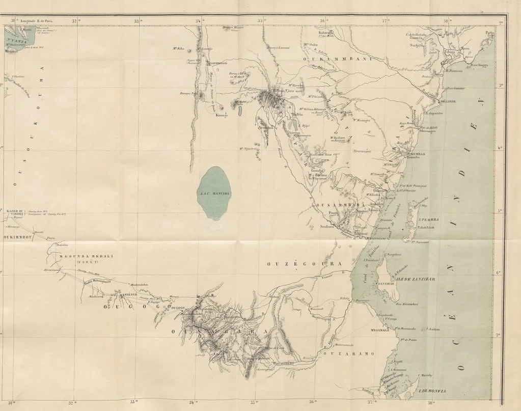 An illustration from Dernier Journal du docteur David Livingstone relatant des explorations et découvertes de 1866 à 1873, suivi du récit de ses derniers moments rédigé d'après le rapport de ... Chouma et Souzi par H. Waller. ... Ouvrage traduit de l'anglais ... par Mme. H. Loreau et contenant 60 gravures et 4 cartes, 1876, leaf 419