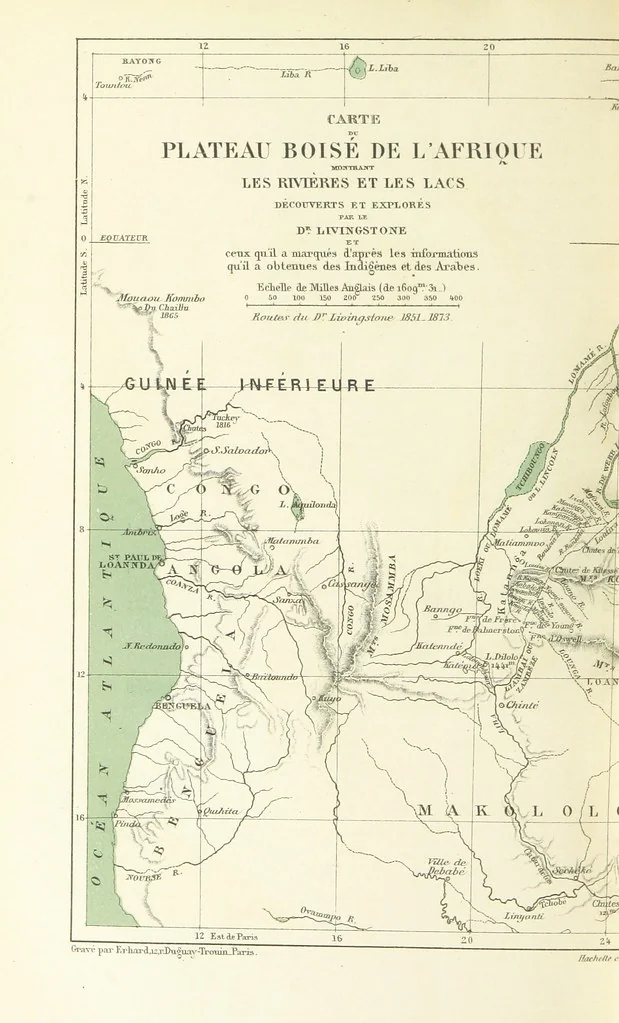 An illustration from Dernier Journal du docteur David Livingstone relatant des explorations et découvertes de 1866 à 1873, suivi du récit de ses derniers moments rédigé d'après le rapport de ... Chouma et Souzi par H. Waller. ... Ouvrage traduit de l'anglais ... par Mme. H. Loreau et contenant 60 gravures et 4 cartes, 1876, leaf 838