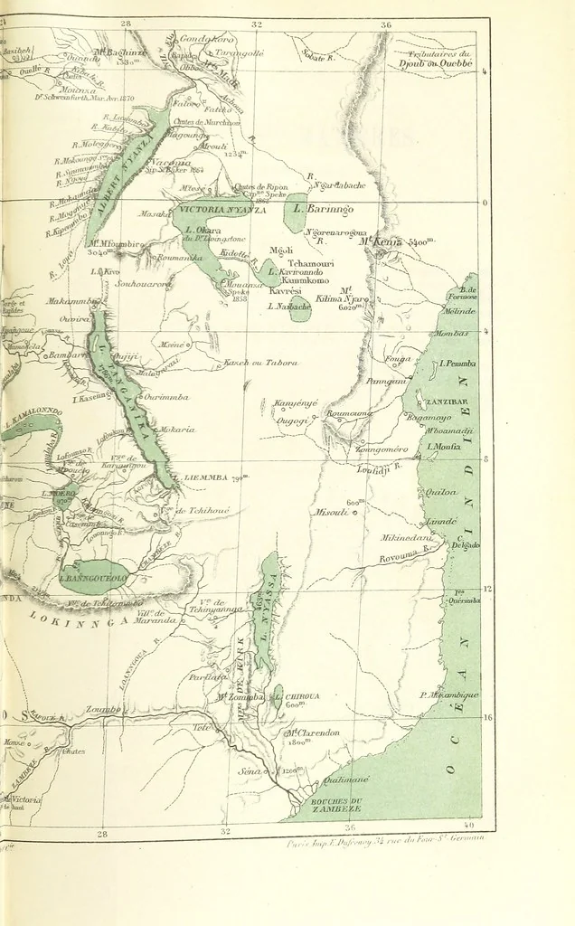 An illustration from Dernier Journal du docteur David Livingstone relatant des explorations et découvertes de 1866 à 1873, suivi du récit de ses derniers moments rédigé d'après le rapport de ... Chouma et Souzi par H. Waller. ... Ouvrage traduit de l'anglais ... par Mme. H. Loreau et contenant 60 gravures et 4 cartes, 1876, leaf 839