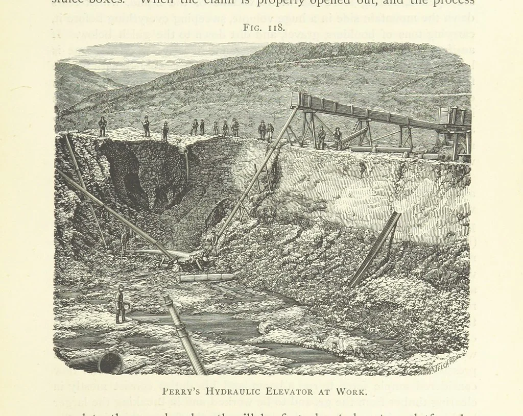 An illustration from Gold: its occurrence and extraction. Embracing the geographical and geological distribution ... of gold-bearing rocks; ... a bibliography of the subject; and a glossary of English and foreign technical terms ... With ... maps, etc, 1882, leaf 1045