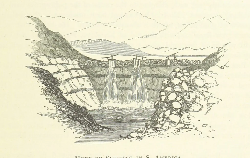 An illustration from Gold: its occurrence and extraction. Embracing the geographical and geological distribution ... of gold-bearing rocks; ... a bibliography of the subject; and a glossary of English and foreign technical terms ... With ... maps, etc, 1882, leaf 295