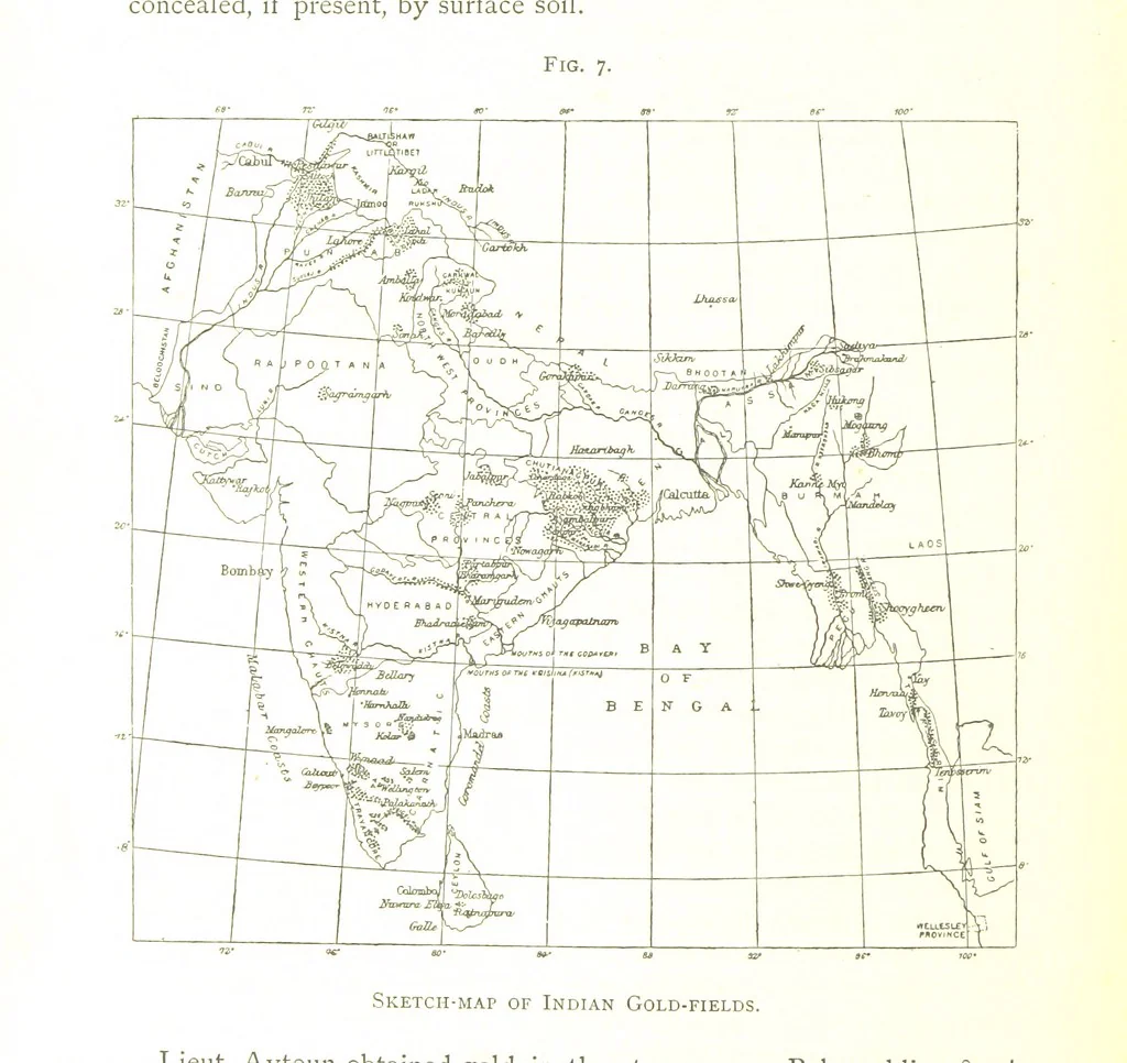An illustration from Gold: its occurrence and extraction. Embracing the geographical and geological distribution ... of gold-bearing rocks; ... a bibliography of the subject; and a glossary of English and foreign technical terms ... With ... maps, etc, 1882, leaf 362